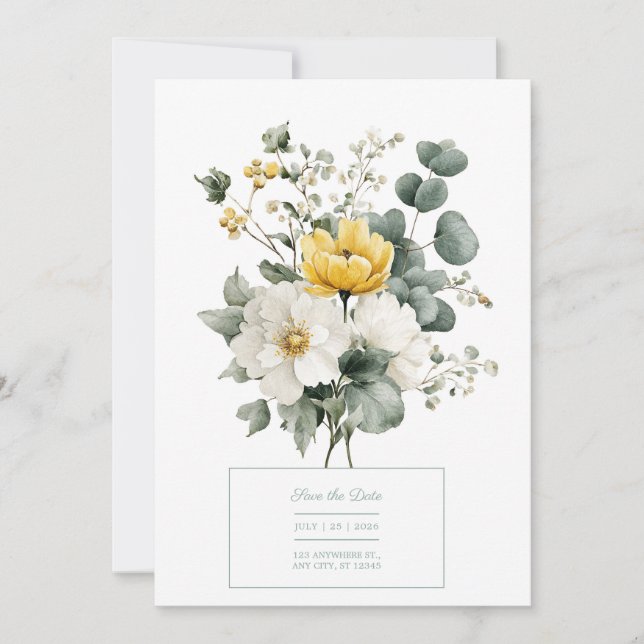 Sunshine Blooms Yellow and White Floral Wedding Invitation (Front)