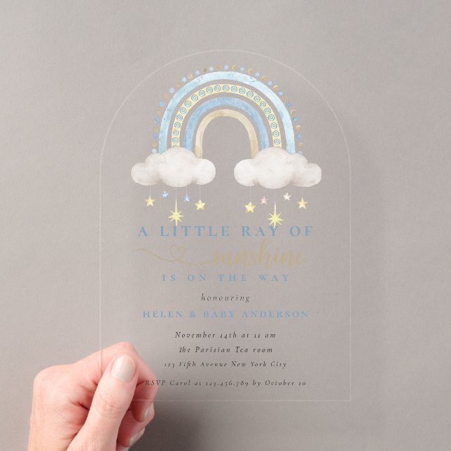 Sunshine Blue Boho Rainbow Boy Baby Shower Acrylic Invitations (Insitu (Handheld))
