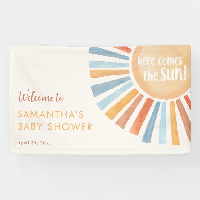 Sunshine boho boy baby shower here comes the sun banner (Horizontal)