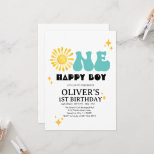  Sunshine, Boho One Happy Boy First birthday Invitation
