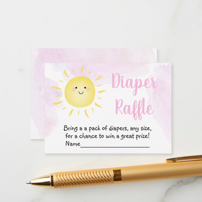 Sunshine Clouds Pink Baby Shower Diaper Raffle Enclosure Card (Front/Back In Situ)