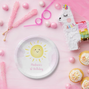 Sunshine Clouds Pink Girl Birthday Paper Plate