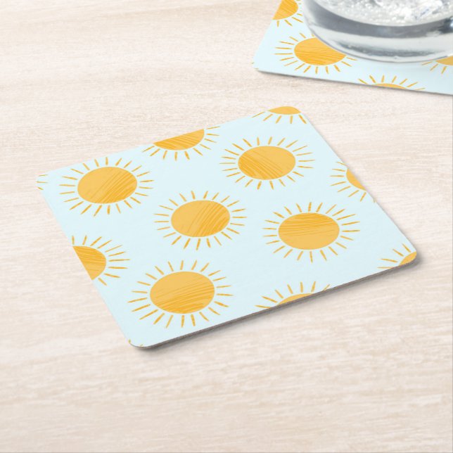 Sunshine Doodle Day Pattern Square Paper Coaster (Angled)