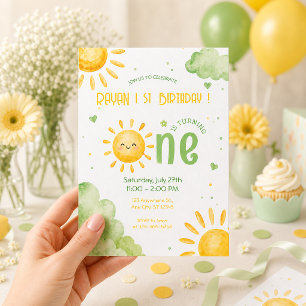 Sunshine First Birthday Baby Boy Green Boho Invitation