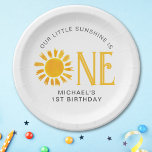 Sunshine First Birthday Paper Plate<br><div class="desc">Are you planning a first birthday party? These cute sunshine first birthday party paper plates are decorated with a yellow watercolor sun. They are easily customizable. Original Watercolor © Michele Davies.</div>