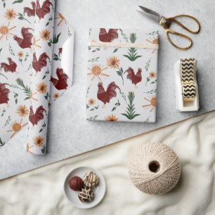 Sunshine Folk Art Rooster Pattern Wrapping Paper