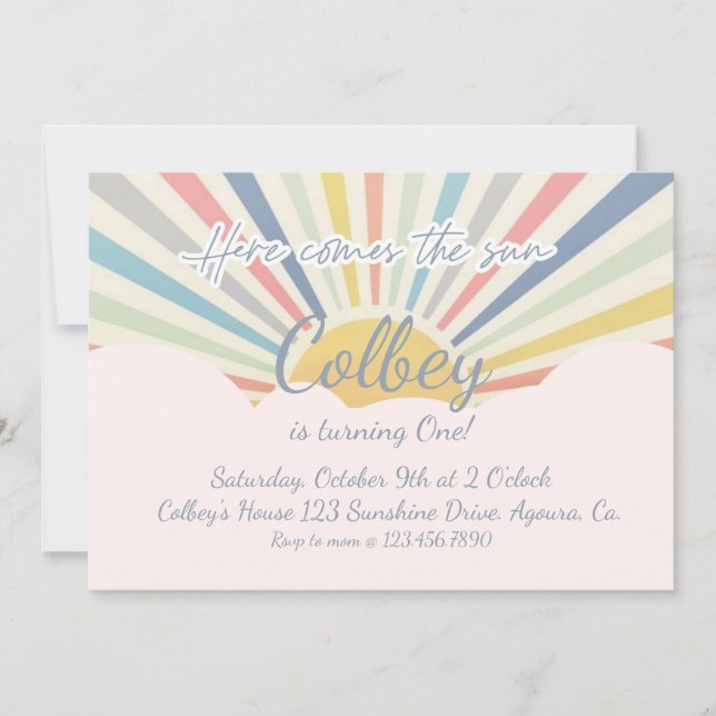 SUNSHINE, HERE COMES THE SUN, ANY AGE, SUN PARTY INVITATION (Front)