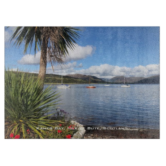 Sunshine in Scotland. Bay with Palm Trees & Yachts Cutting Board (Front)