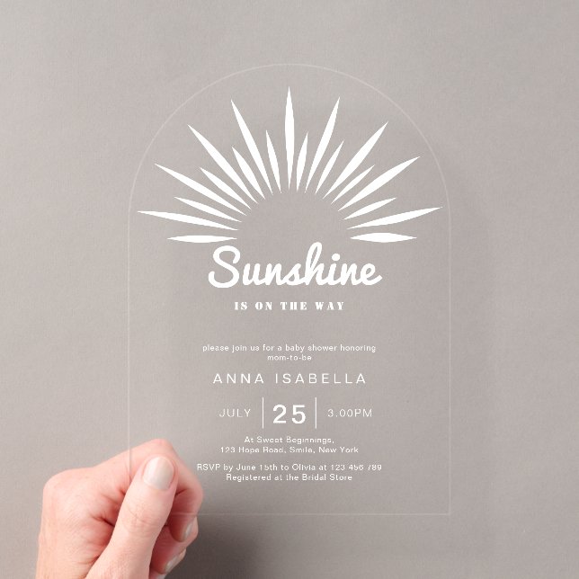 Sunshine Is On The Way Baby Shower Minimalist Acrylic Invitations (Insitu (Handheld))