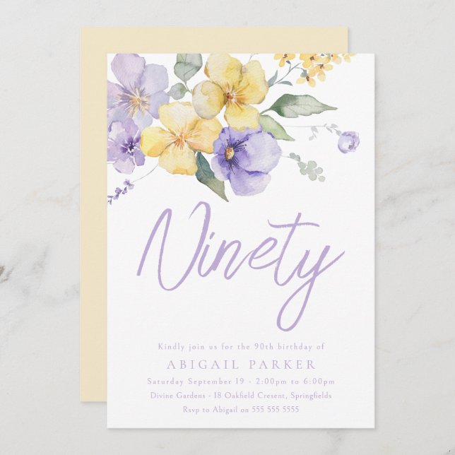 Sunshine & Lavender Floral 90th Birthday Party Invitation (Front/Back)