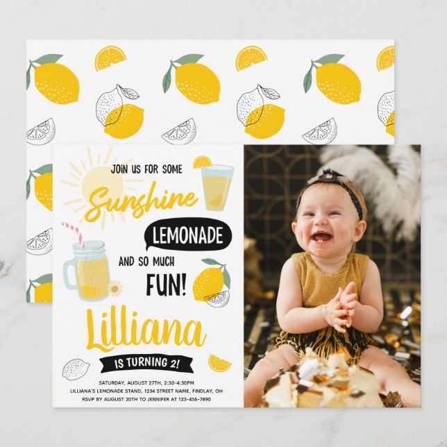 Sunshine Lemonade & Fun Any Age Photo Birthday Invitation (Front/Back)