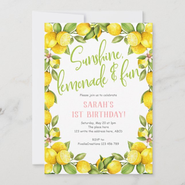 Sunshine lemonade, Lemon 1st birthday invitation (Front)
