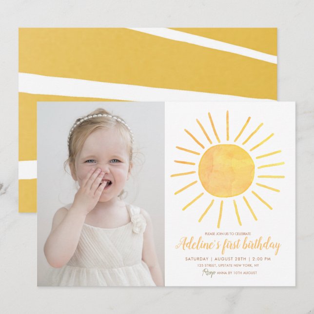 Sunshine Modern Watercolor Photo Birthday Invitation (Front/Back)