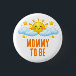 Sunshine Mommy To Be Baby Shower Round Button<br><div class="desc">A cute sunshine-themed illustration featuring a smiling yellow sun rising above soft blue clouds and tiny golden stars. The bright, playful color palette and friendly cartoon style capture the joyful spirit of a sunshine baby celebration. Bold lettering highlights the special role of the mom-to-be, creating a fun and memorable badge...</div>