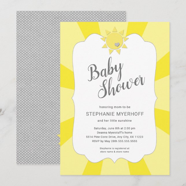 Sunshine neutral gender baby shower, yellow grey invitation (Front/Back)