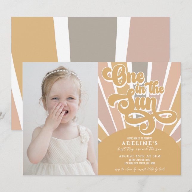 Sunshine One in the Sun First Birthday Boho Photo Invitation (Front/Back)