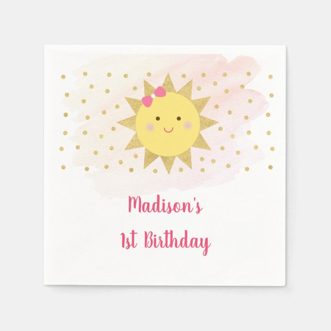 Sunshine Pink & Gold First Birthday Napkin (Front)