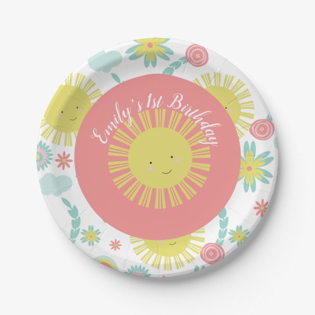 Sunshine Rainbow Floral Birthday  Paper Plate (Front)