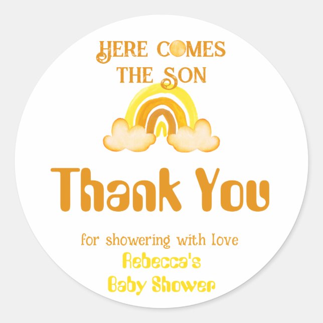  Sunshine Rainbow Here Comes the Son Baby Shower Classic Round Sticker (Front)