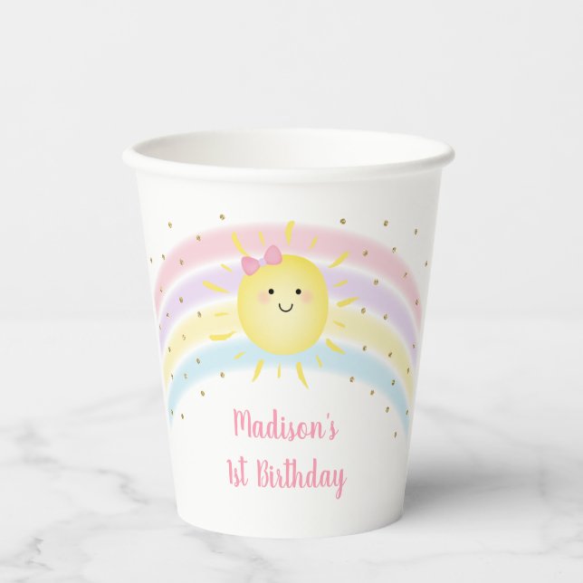 Sunshine Rainbow Pink Gold Birthday Paper Cups (Front)