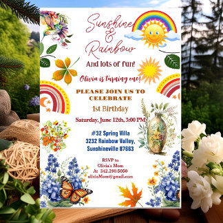 Sunshine Rainbow Spring Garden Butterfly Birthday Invitation