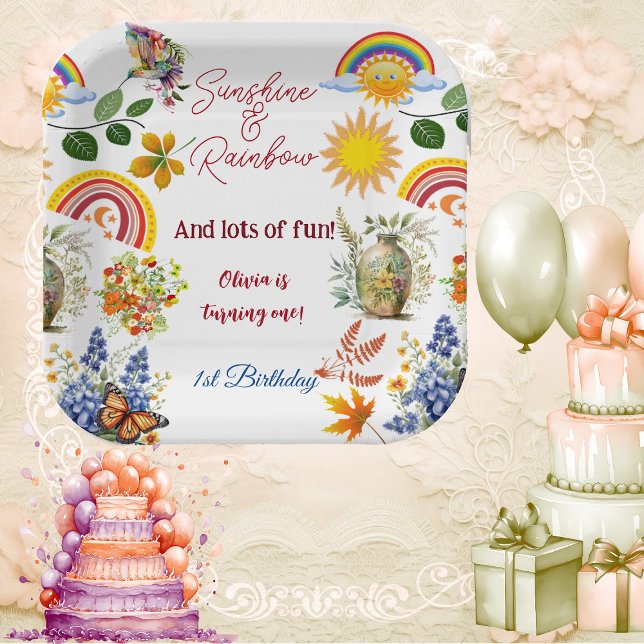 Sunshine Rainbow Spring Garden Butterfly Birthday  Paper Plate (Sunshine Rainbow Spring Garden Butterfly Birthday Paper Plates)