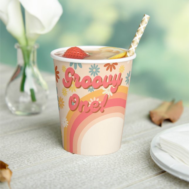 Sunshine retro boho  groovy birthday party paper cups (Insitu)