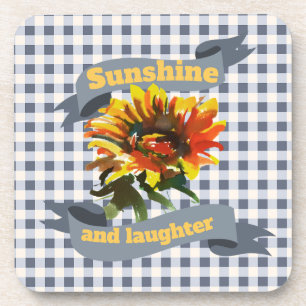 Sunshine Sunflower Blue-grey Gingham Coaster