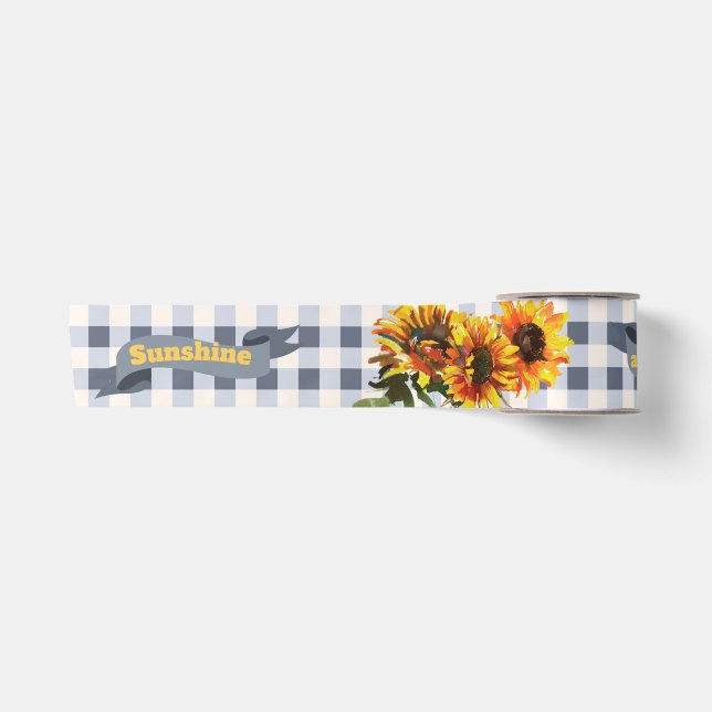 Sunshine Sunflower Blue-grey Gingham  Satin Ribbon (Front)