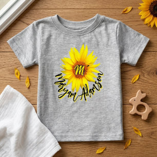 Sunshine Sunflower + Monogram Name Announcement Baby T-Shirt