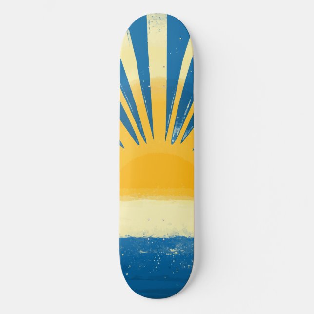 Sunshine Sunrise Retro 70s Boho Blue Yellow  Skateboard (Front)