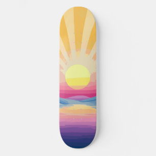 Sunshine Sunset Retro 70s Boho Blue Yellow Pink Skateboard