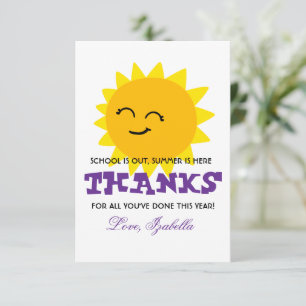 Sunshine Thank You ,Summer Teacher Appreciation  Card