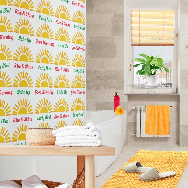 Sunshine Wake Up Rise and Shine Motivational Words (A modern shower curtain with bright yellow sunshine pattern and morning themed words)