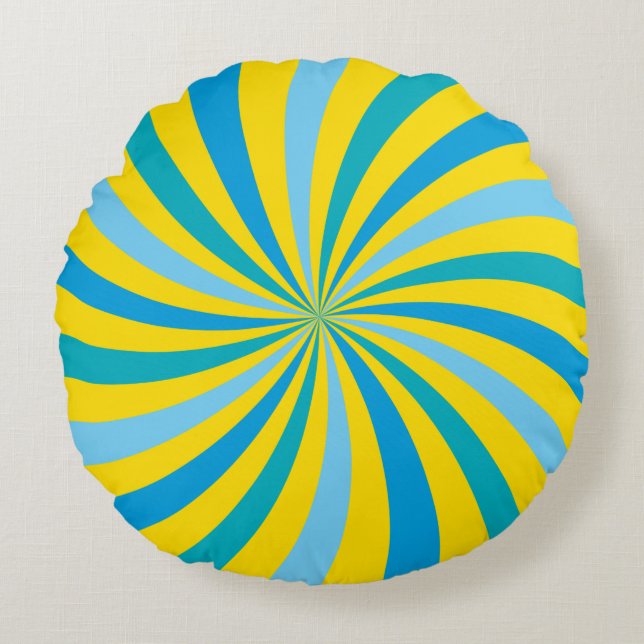 Sunshine Yellow and Blue Lollipop Swirl Round Pillow (Front)