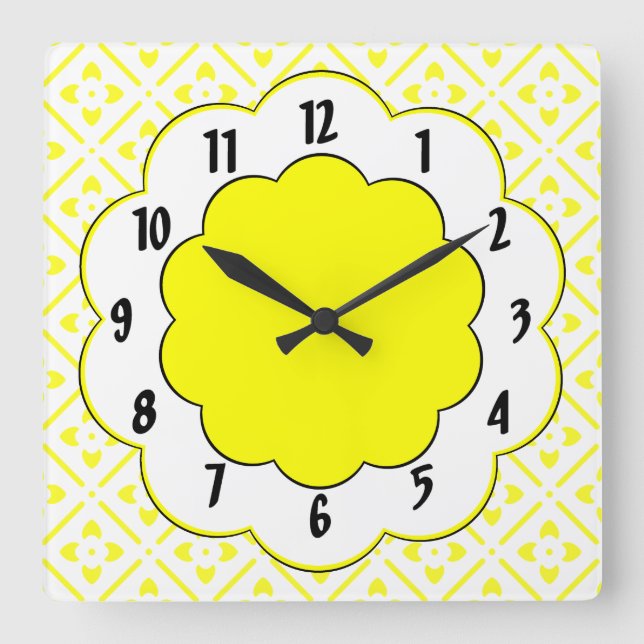 Sunshine Yellow Black Trim Flower Pattern Square Wall Clock (Front)