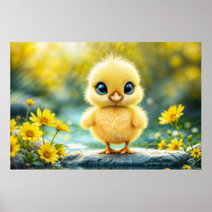 Sunshine yellow fluffy chicken blue - eyed bird poster
