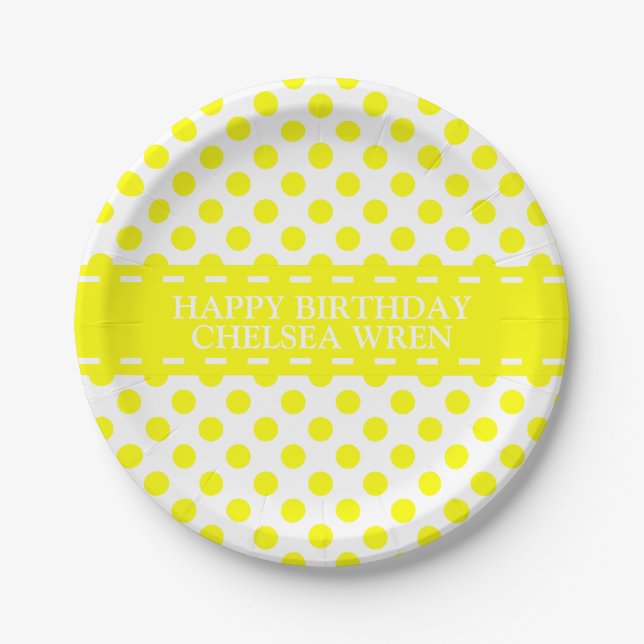 Sunshine Yellow Polka Dots on White Personalized Paper Plate (Front)