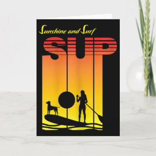 Sup Girl Dog Stand Up Paddle Board Paddling Sunset Card
