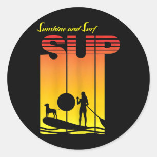 Sup Girl Dog Stand Up Paddle Board Paddling Sunset Classic Round Sticker