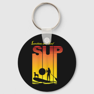 Sup Girl Dog Stand Up Paddle Board Paddling Sunset Keychain