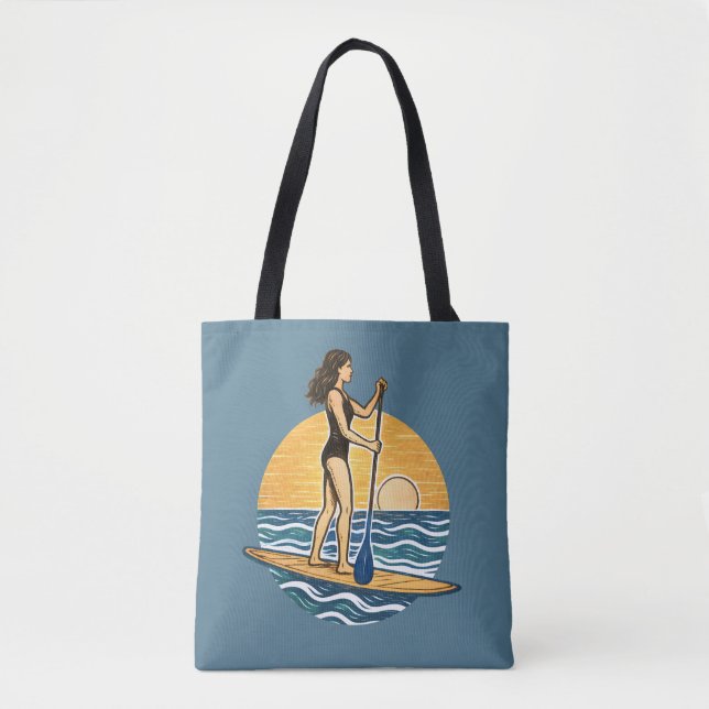 SUP Sunset Beach Paddleboard Blue Coastal Graphic Tote Bag (Front)