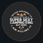 Super Camping King Funny Camp Camper Dad Men Husba Classic Round Sticker<br><div class="desc">Super Camping King Funny Camp Camper Dad Men Husband</div>