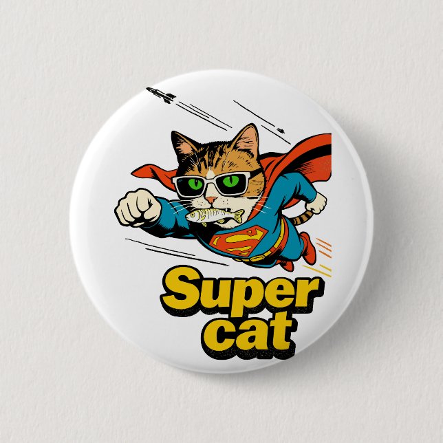 Super Cat Flying with Fish  2 Inch Round Button (Front)
