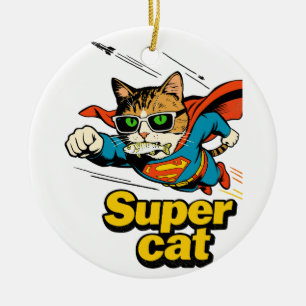Super Cat Flying with Fish Ceramic Ornament
