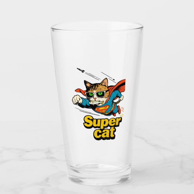 Super Cat Flying with Fish  Glass (Front)