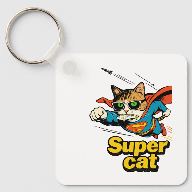 Super Cat Flying with Fish  Keychain (Front)