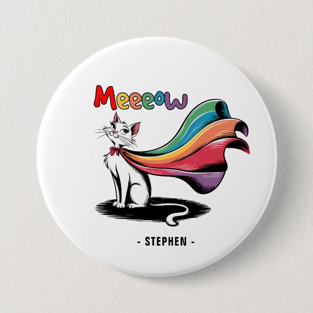 Super Cat Meeeow – Rainbow Cape Pride Cat 3 Inch Round Button (Front)