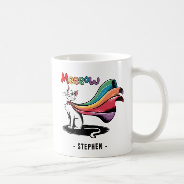 Super Cat Meeeow – Rainbow Cape Pride Cat Coffee Mug (Right)