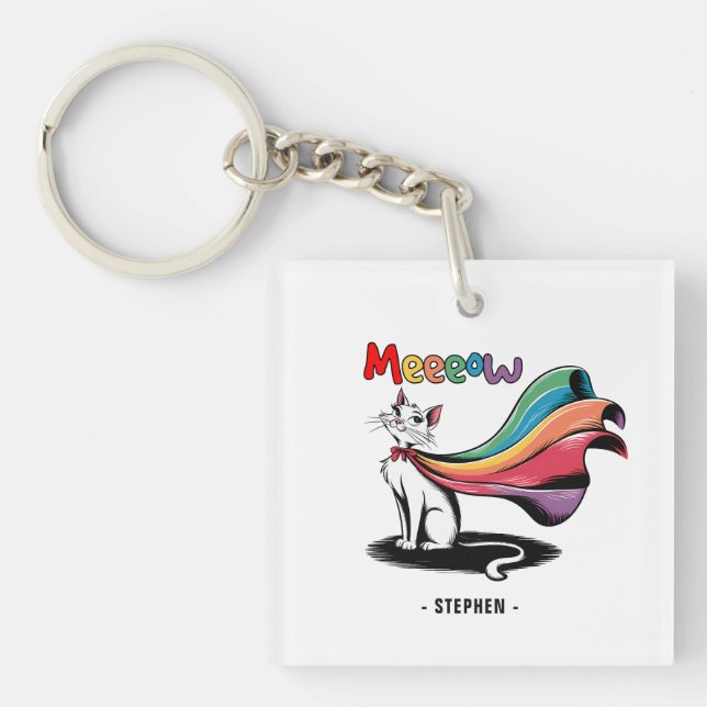 Super Cat Meeeow – Rainbow Cape Pride Cat Keychain (Front)